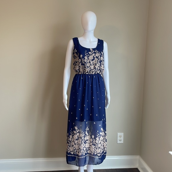 Navy Blue Shoulder-less Lightweight Floral Maxi Dress - Picture 3 of 7